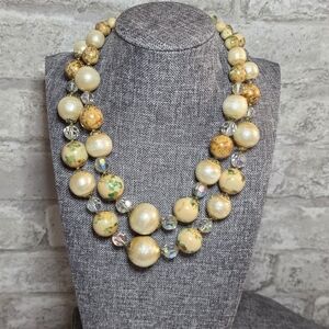 Vintage Mid-Century Faux Pearl & AB Crystal Beaded Necklace